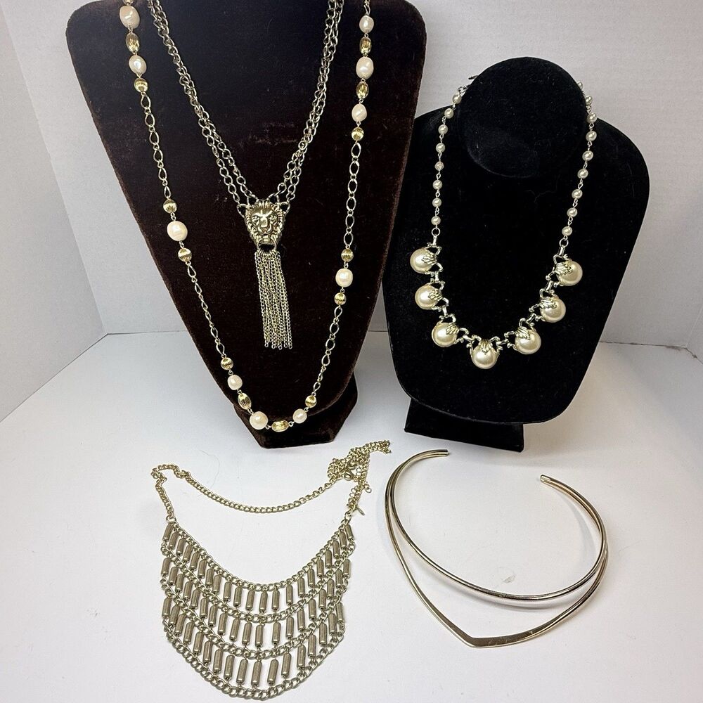 Vintage All Gold Tone 5 Piece All Different Style Necklace Bundle Lot